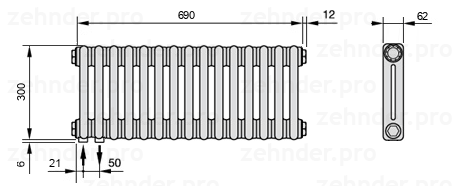 Схема (чертеж) Радиатор Zehnder Charleston 2030/15 №3370 Белый глянцевый RAL 9016